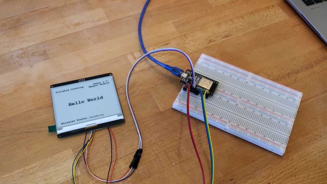 WeAct 4.2" Epaper module connected to ESP32 board on breadboard